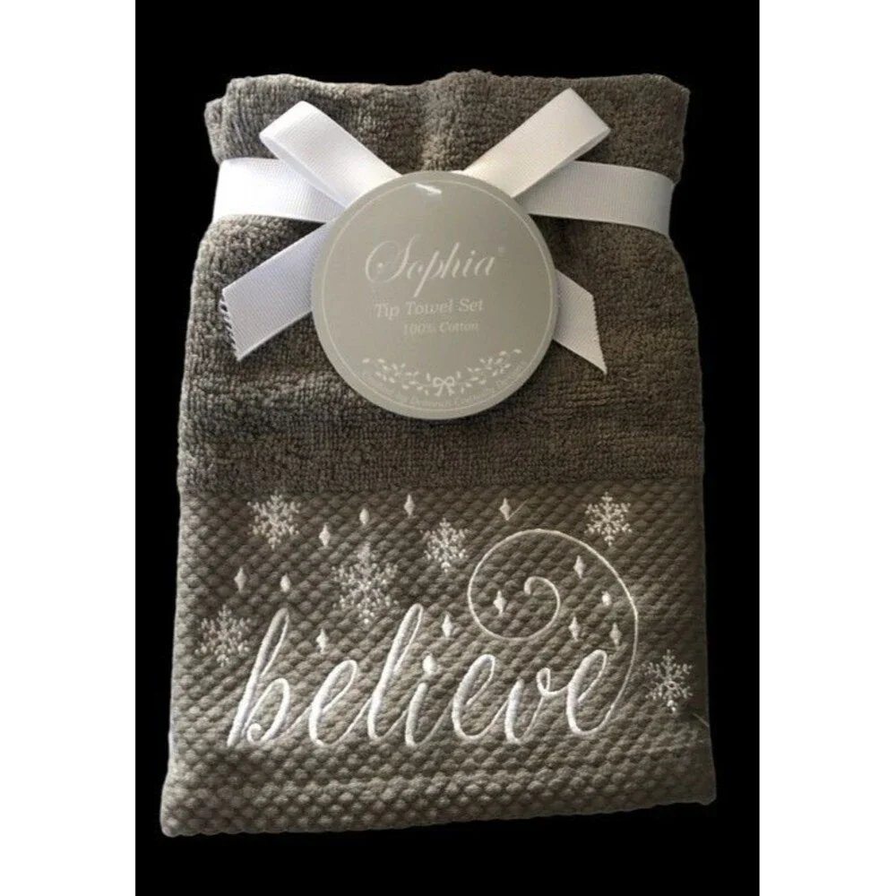 Christmas Believe Fingertip Towels Set of 2 Embellished Embroidered Gray White